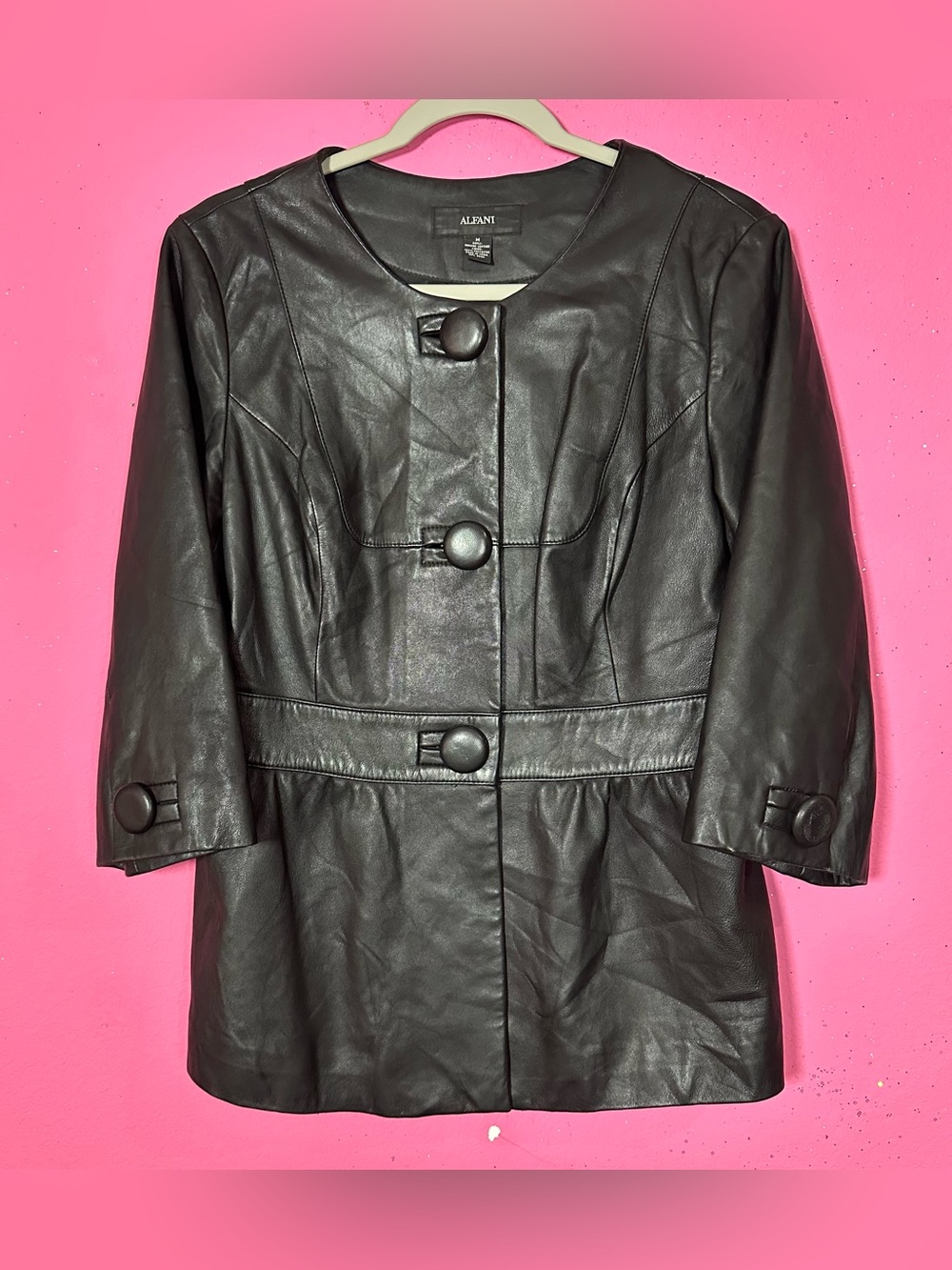 ALFANI 100% Genuine Leather black Peplum Jacket Button Front Fairygoth M Winter